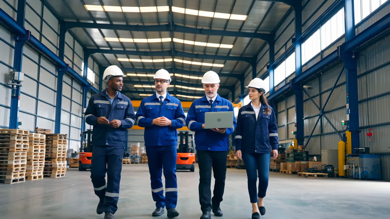 A team of engineers or managers walking through a large warehouse with a laptop