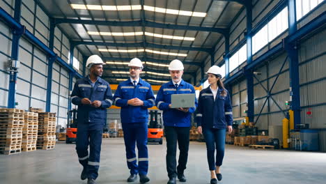 a team of engineers or managers walking through a large warehouse with a laptop