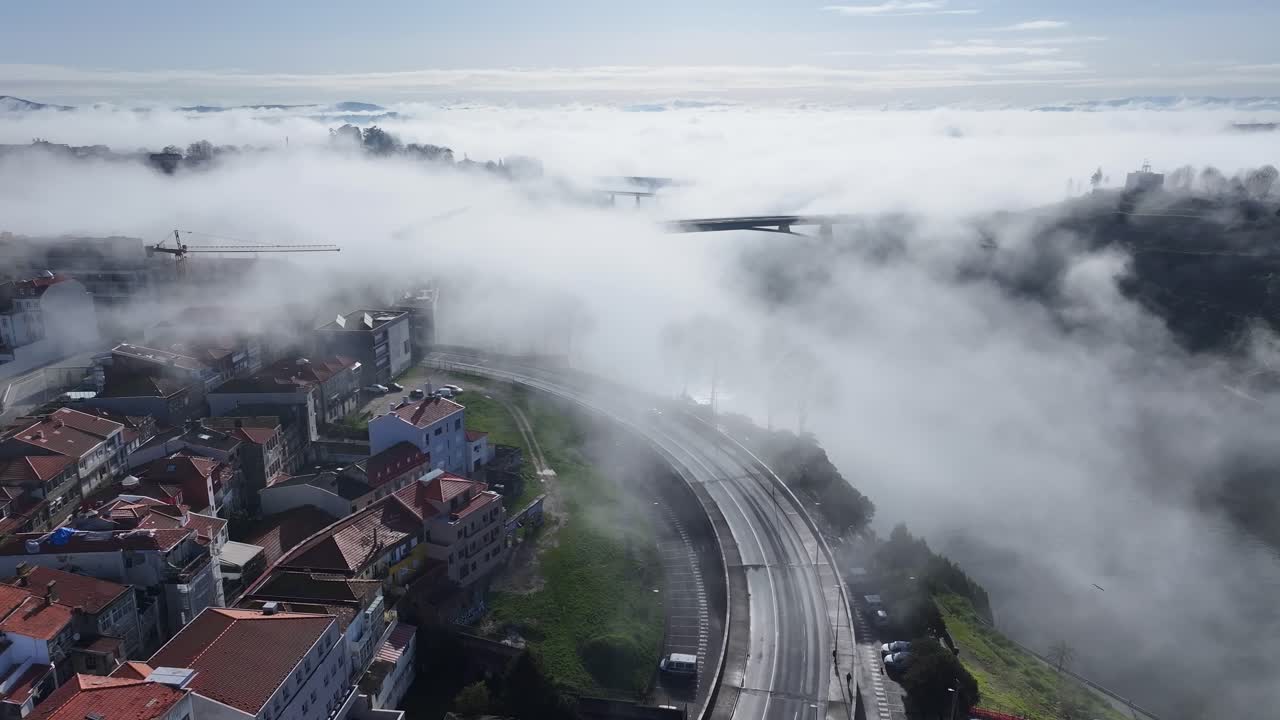 Porto Skyline At Porto In District Of Porto Portugal. Fog Morning Landscape. Downtown Cityscape. Old Town Background. Porto Skyline In Portugal. Portugal Skyline. Travel Landscape