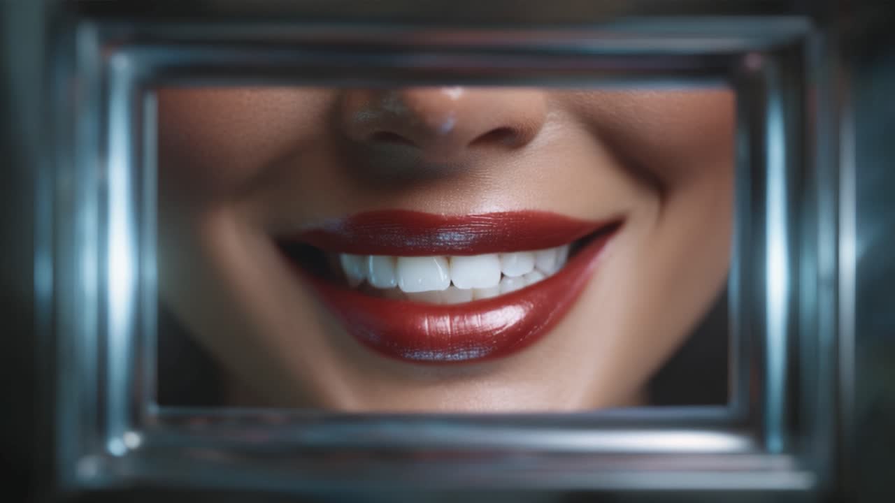 Captivating Close-up of Beautiful Lips Framed in a Modern Setting, Showcasing Glossy Red Lipstick and a Radiant Smile, Evoking Elegance and Charm