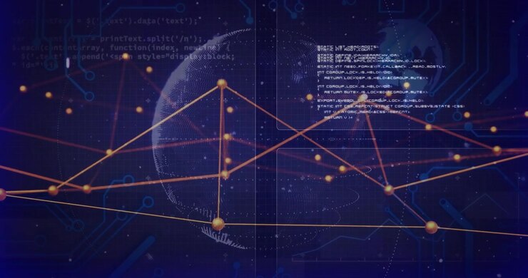 Wireframe globe and network on data pulse, rotating, reforming, pulsing nodes, revealing code
