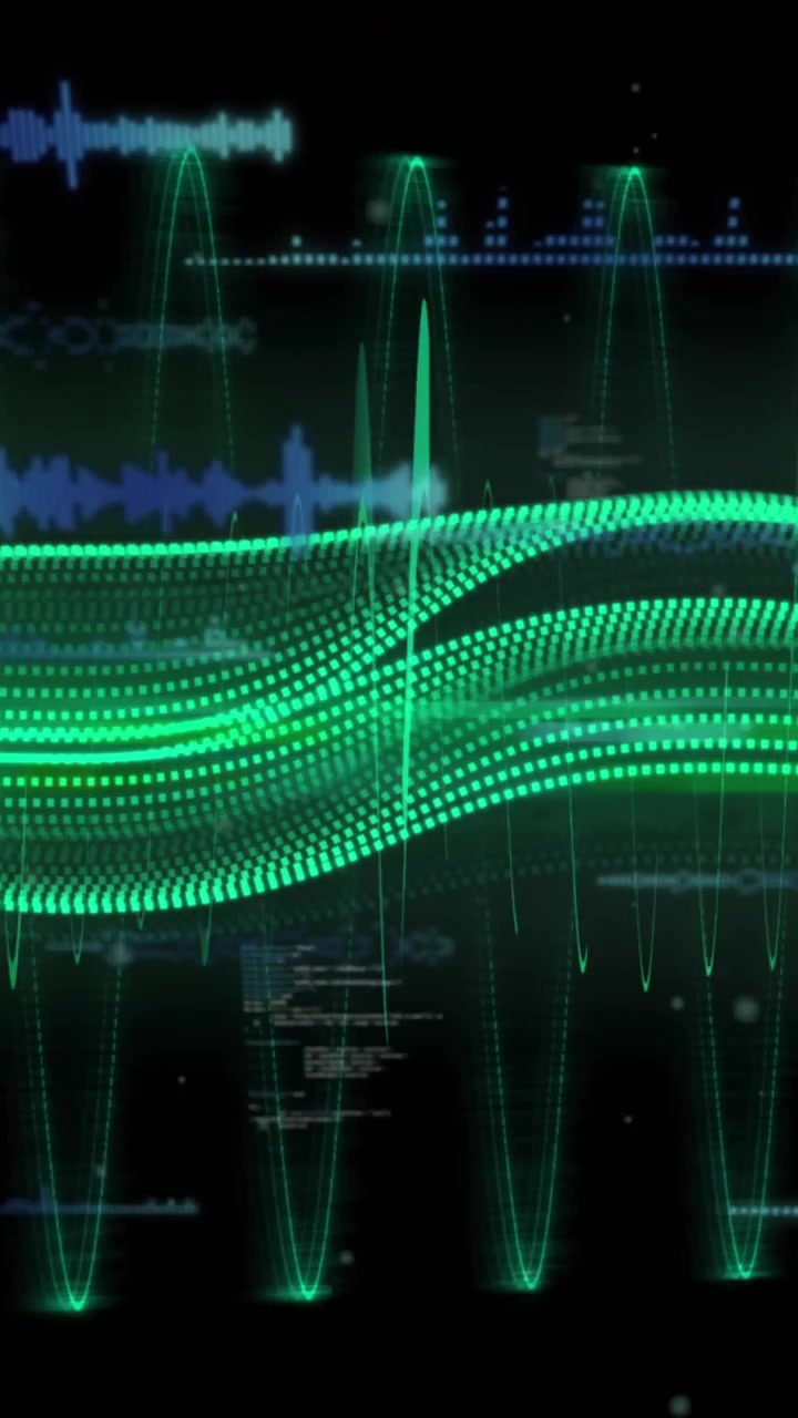 Animation of data processing over green digital wave and light spot against black background