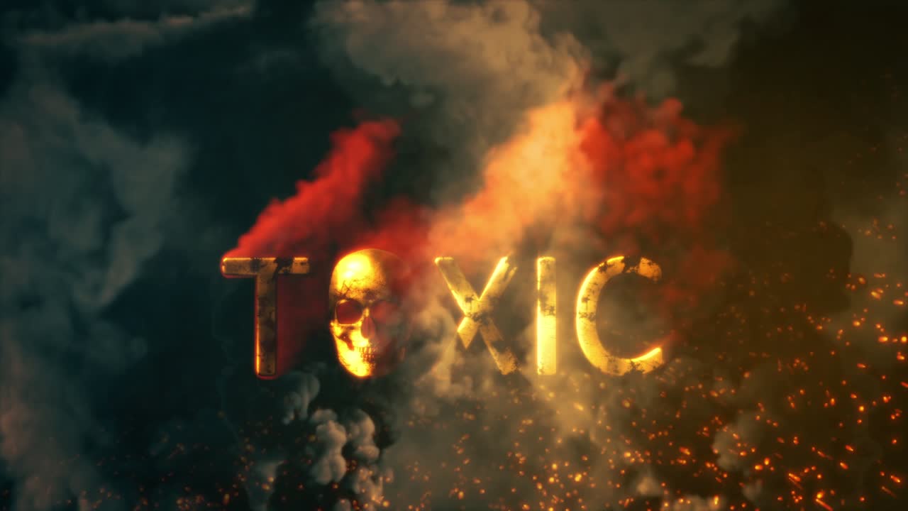 암흑의 연기 배경에서 불타는 두개골과 함께 탄소 이산화탄소 텍스트 - 루프 비디오