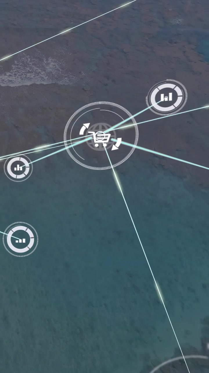Video vertical: Línea delgada emergiendo en diagonal, HUD de carrito expandiéndose vinculando análisis para comercio electrónico.