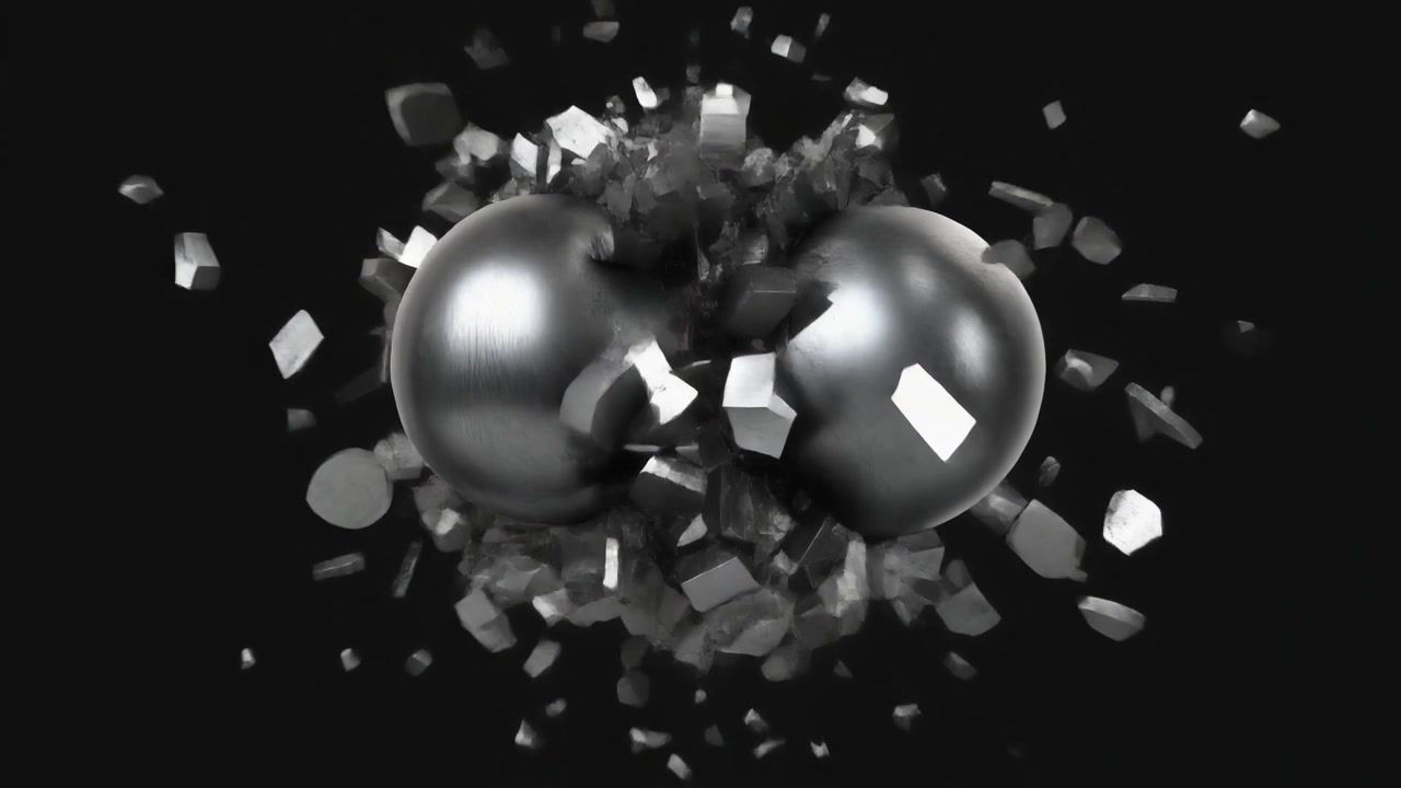 Due sfere metalliche che si scontrano e si frantumano in frammenti