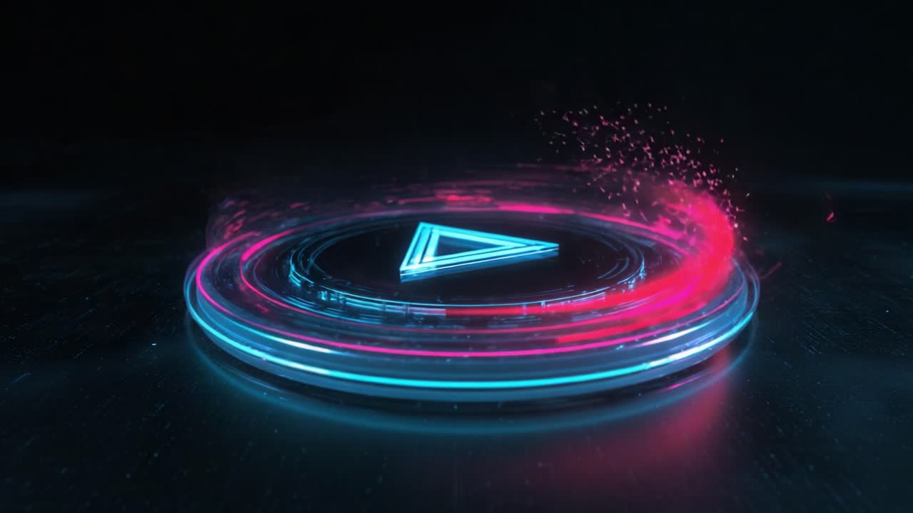A dynamic and visually captivating representation of a glowing play button surrounded by vibrant pink and blue light trails, symbolizing motion, technology, and digital engagement in a mesmerizing visual display