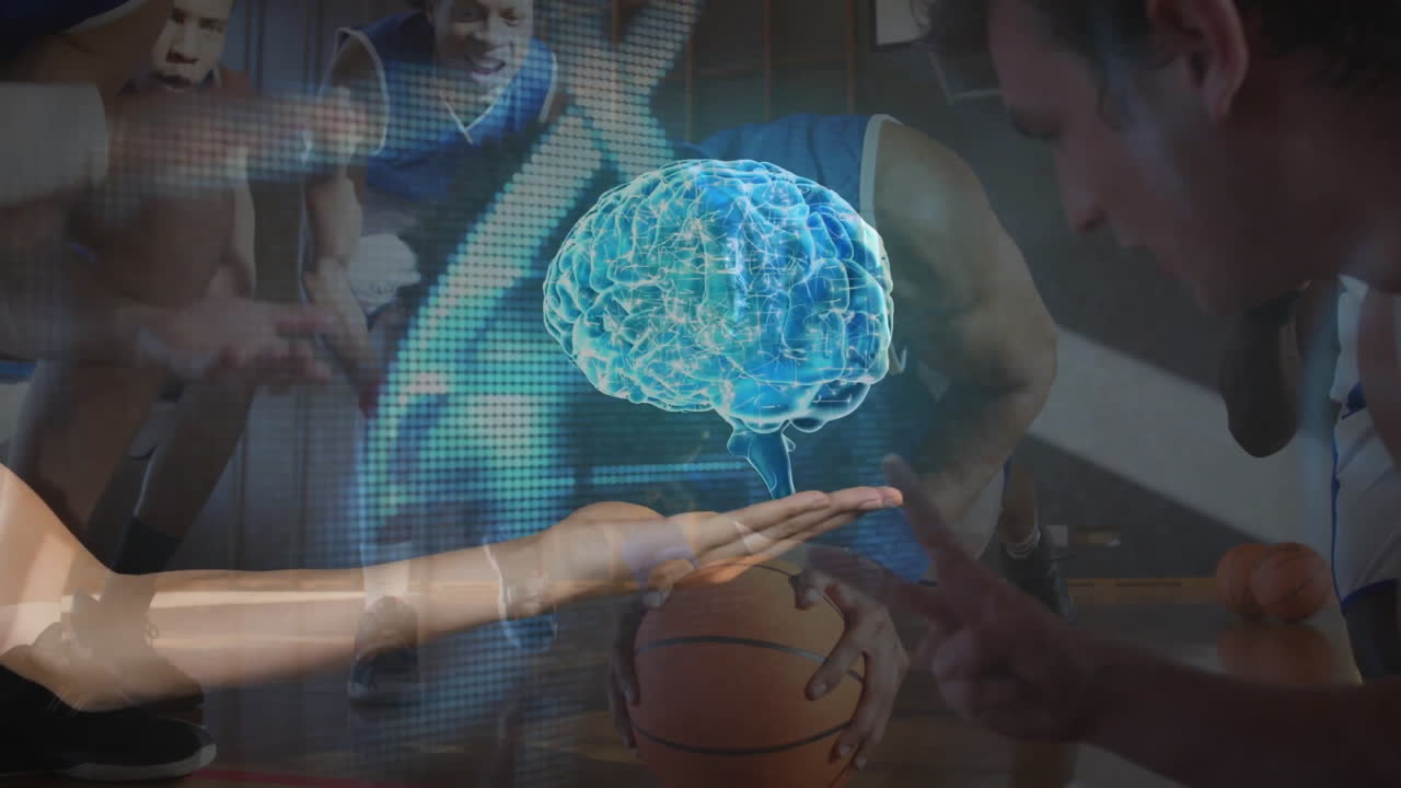 In school gym, basketball players in action with animation of brain hologram