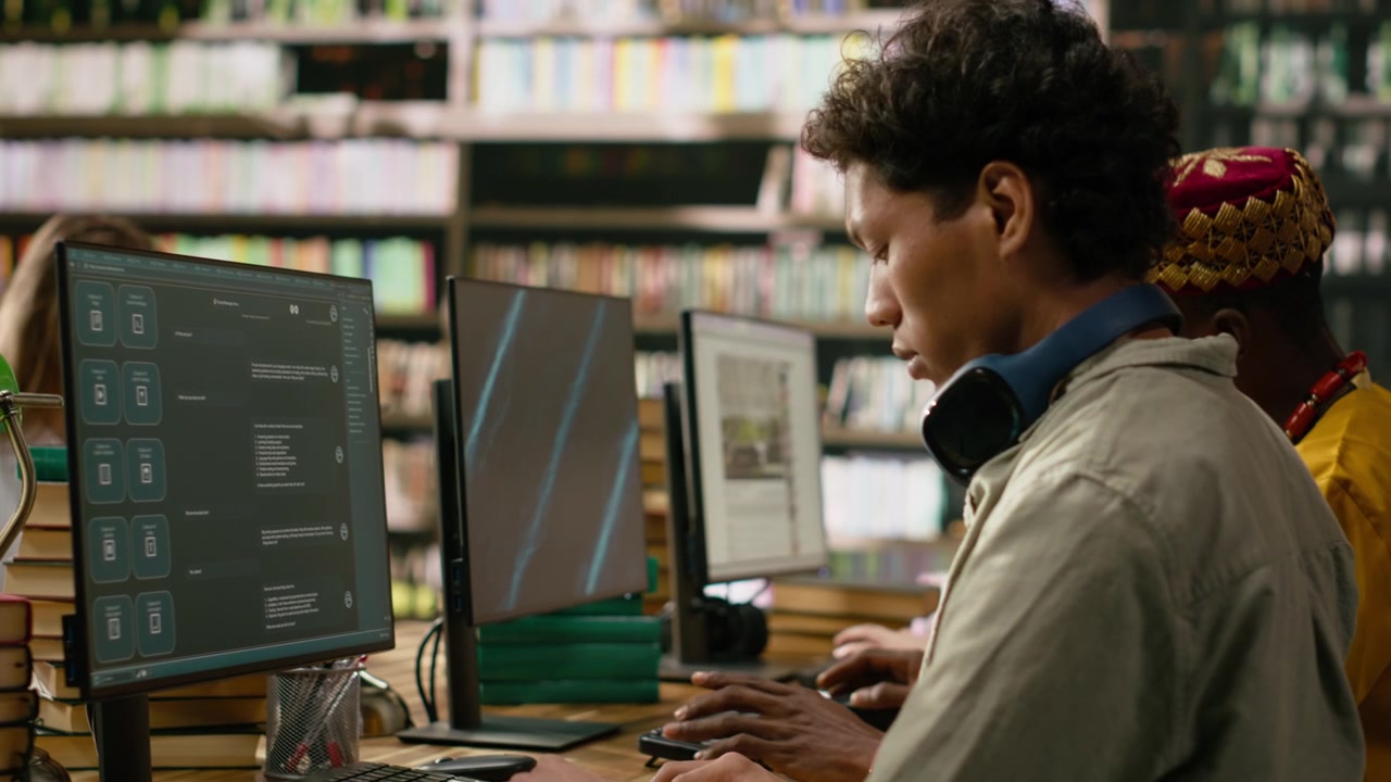 Asian student reading open book beside desktop monitor and keyboard