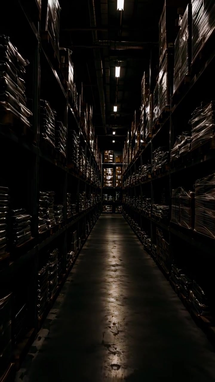 Lavt synspunkt ned ad en central lagergang, der viser høje metalreoler fyldt med palleterede papkasser og plastindpakkede bundter, med stærk symmetri, reflekterende betongulv og dybde.