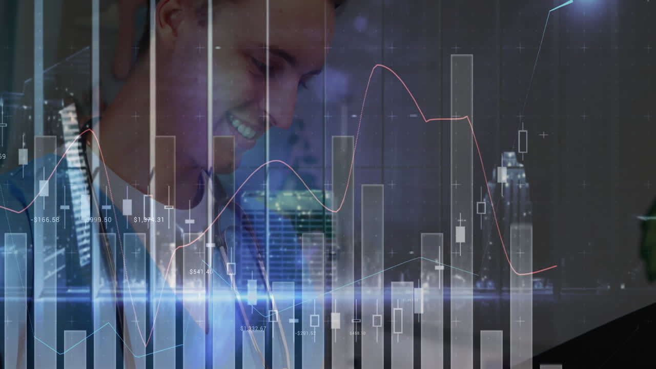 male doctor reviewing financial data on laptop, with animated candlestick bars and city skyline