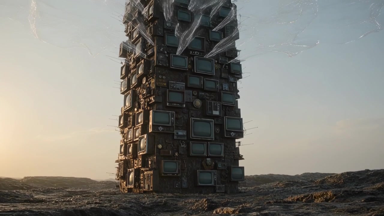 Rising camera revealing stacked CRT TV tower on rocky plain, sequence starting, sheets shifting