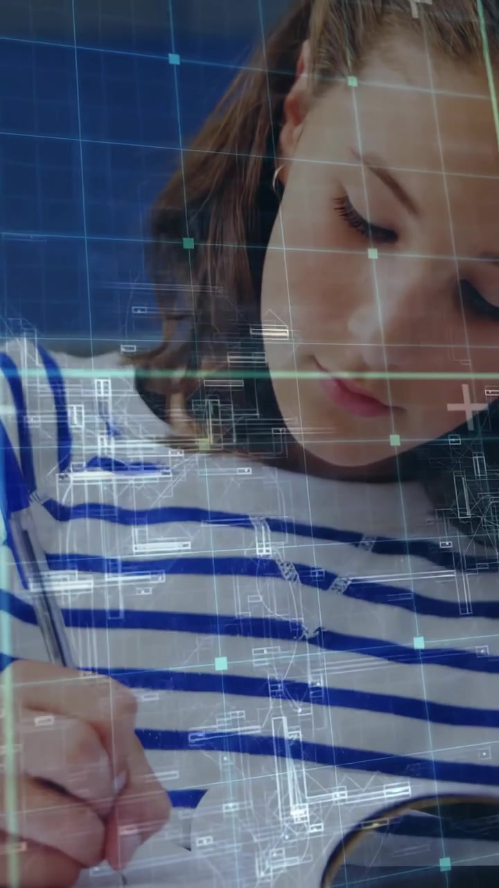 Vertical video: Female pupil glancing at open book and writing notes, education grid guiding pen