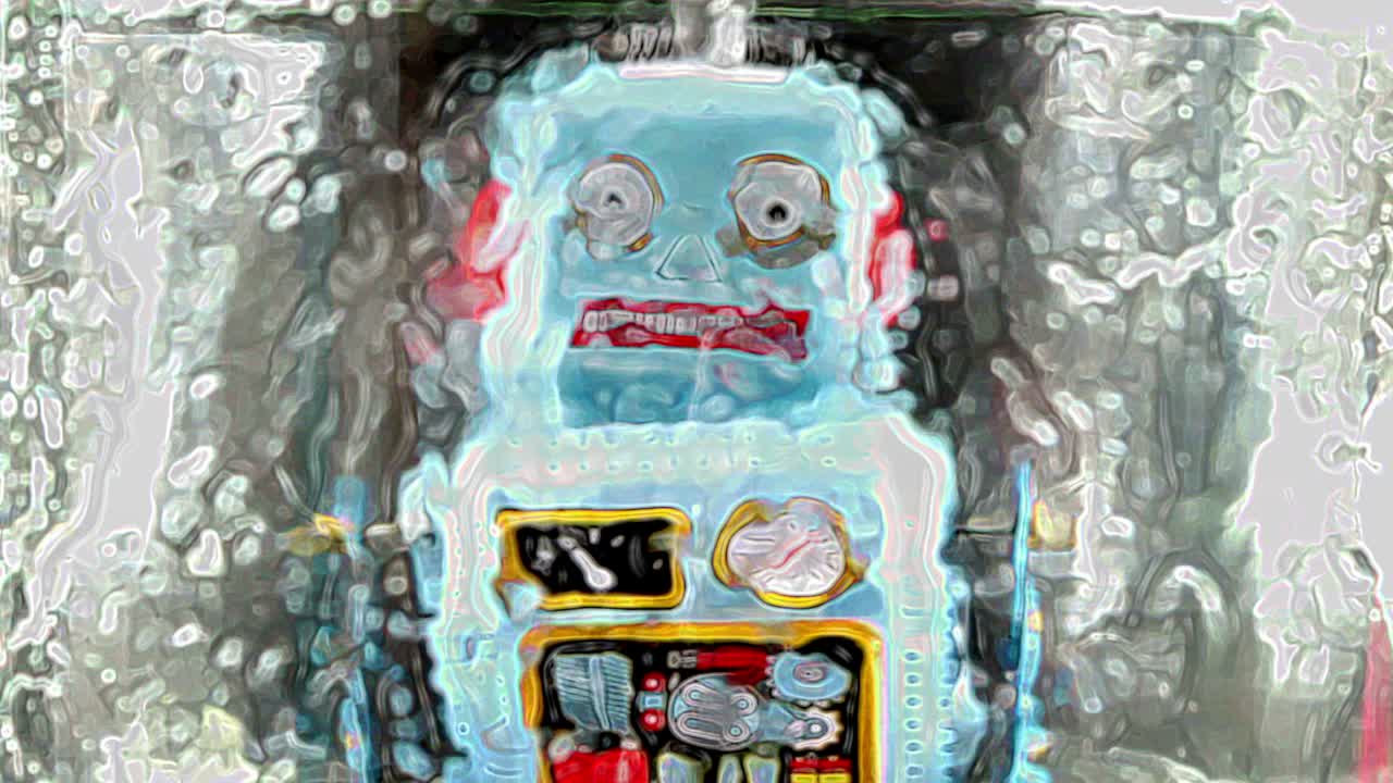 el pequeño robot retro se moja mucho.