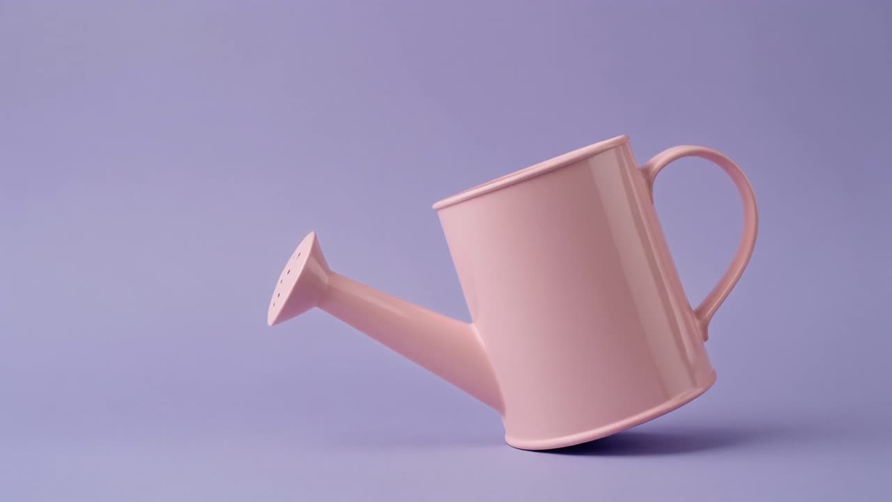 Annaffiatoio rosa che si inclina su uno sfondo viola.