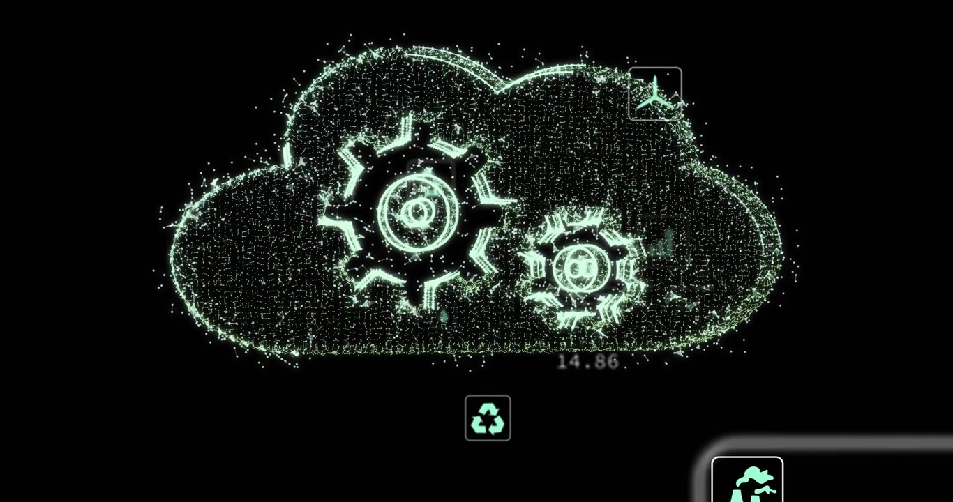 Particle cloud forming around two glowing gears in digital render featuring eco panels floating