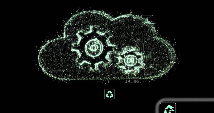 Particle cloud forming around two glowing gears in digital render featuring eco panels floating
