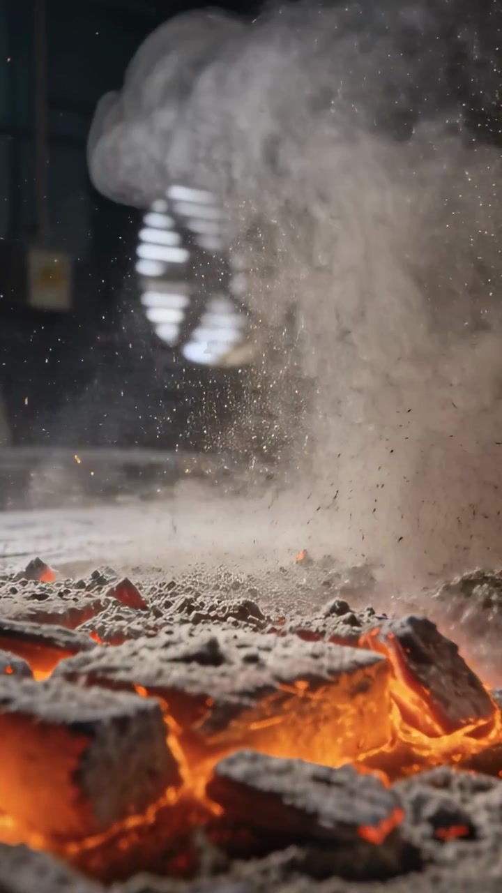 Vertical video: Sending vent fan gusts lifting sparks smoke and ash from glowing coals in workshop