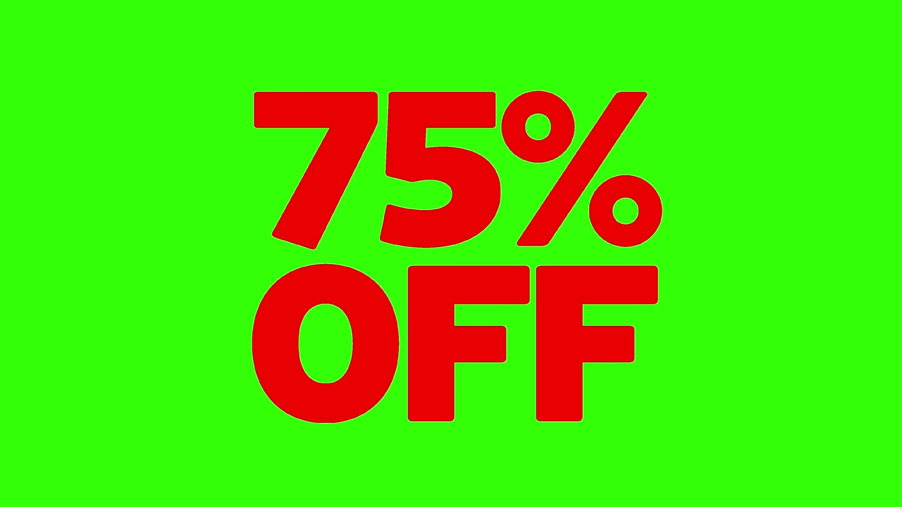 Grafica di vendita rossa "75% DI SCONTO" in grassetto animata sullo schermo. 4K. Green screen keyabile, multiuso