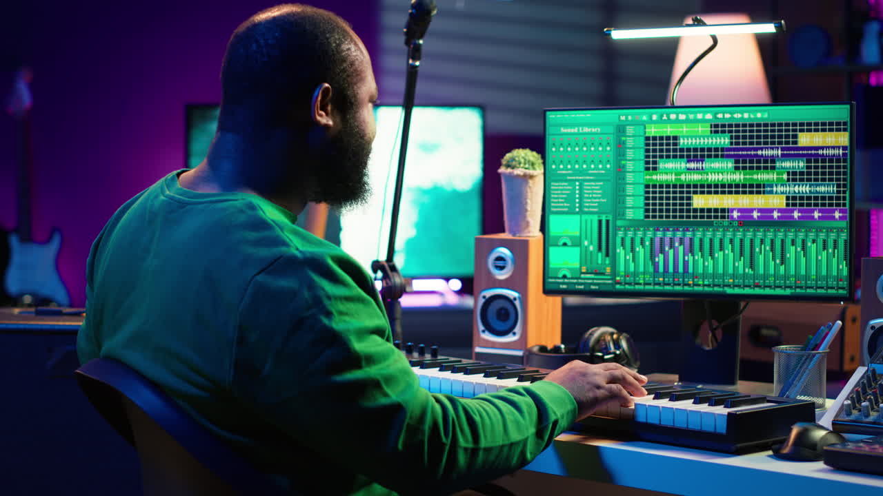 마이크와 미디 컨트롤러로 새로운 트랙을 녹음하는 창의적인 작곡가