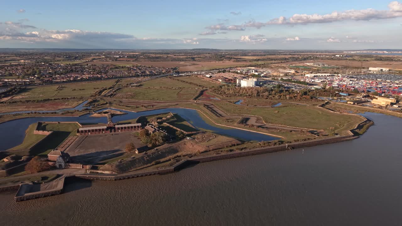 Tilbury fort coastal star shaped fortress aerial view overlooking River Thames marshland panorama