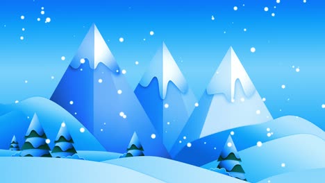a blue pastel color cartoon style winter scene animation with snowfall. the trees and the hills are covered with snow, and in the background are three high mountains.