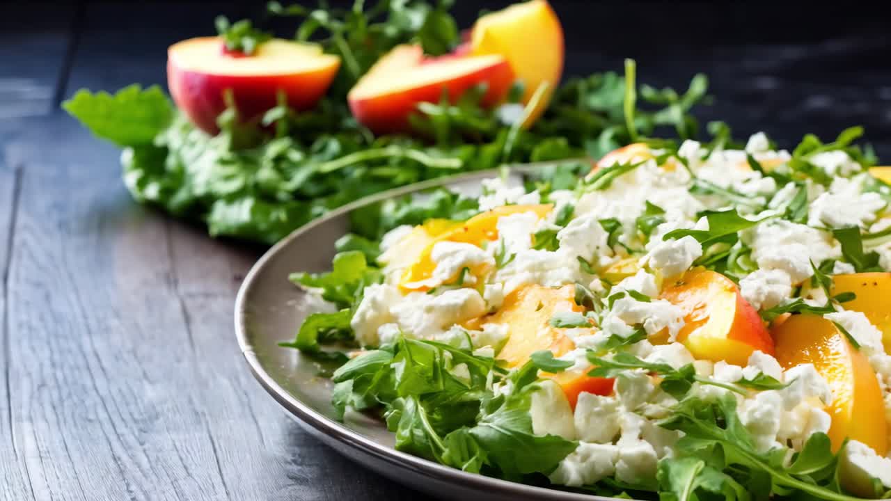 Gourmet summer salad featuring ripe peaches, peppery arugula, crumbled cottage and feta cheese served on rustic wooden surface, showcasing fresh seasonal ingredients