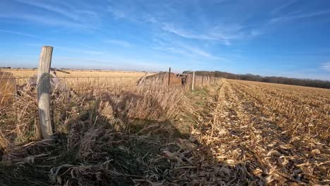 Punto-De-Vista---Conducir-Utv-A-Lo-Largo-De-Una-Cerca-De-Alambre-De-Púas-Entre-Dos-Campos-De-Maíz-Cosechados