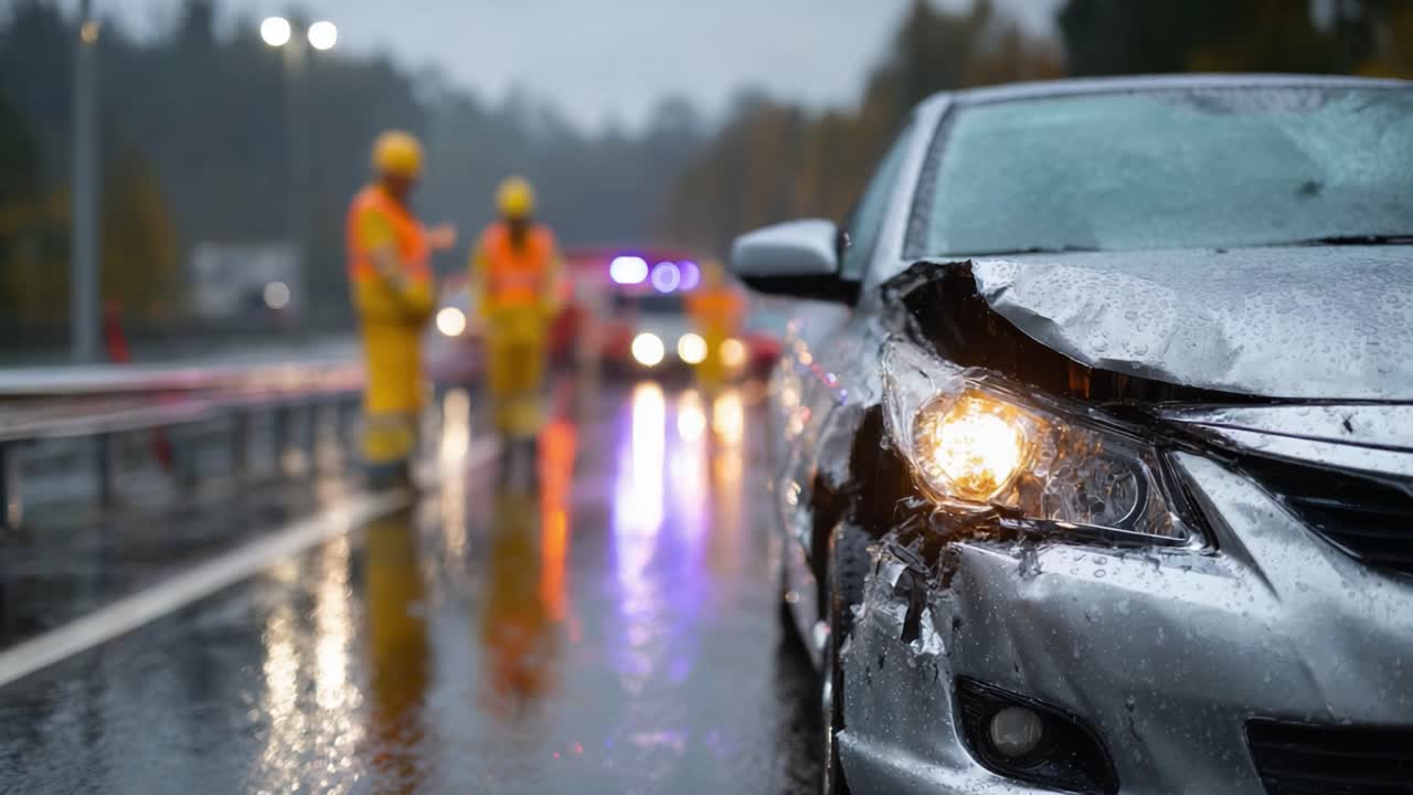 Condizioni meteorologiche avverse causano un grave incidente automobilistico su un'autostrada piovosa, rivelando le conseguenze della collisione con i soccorritori nelle vicinanze.
