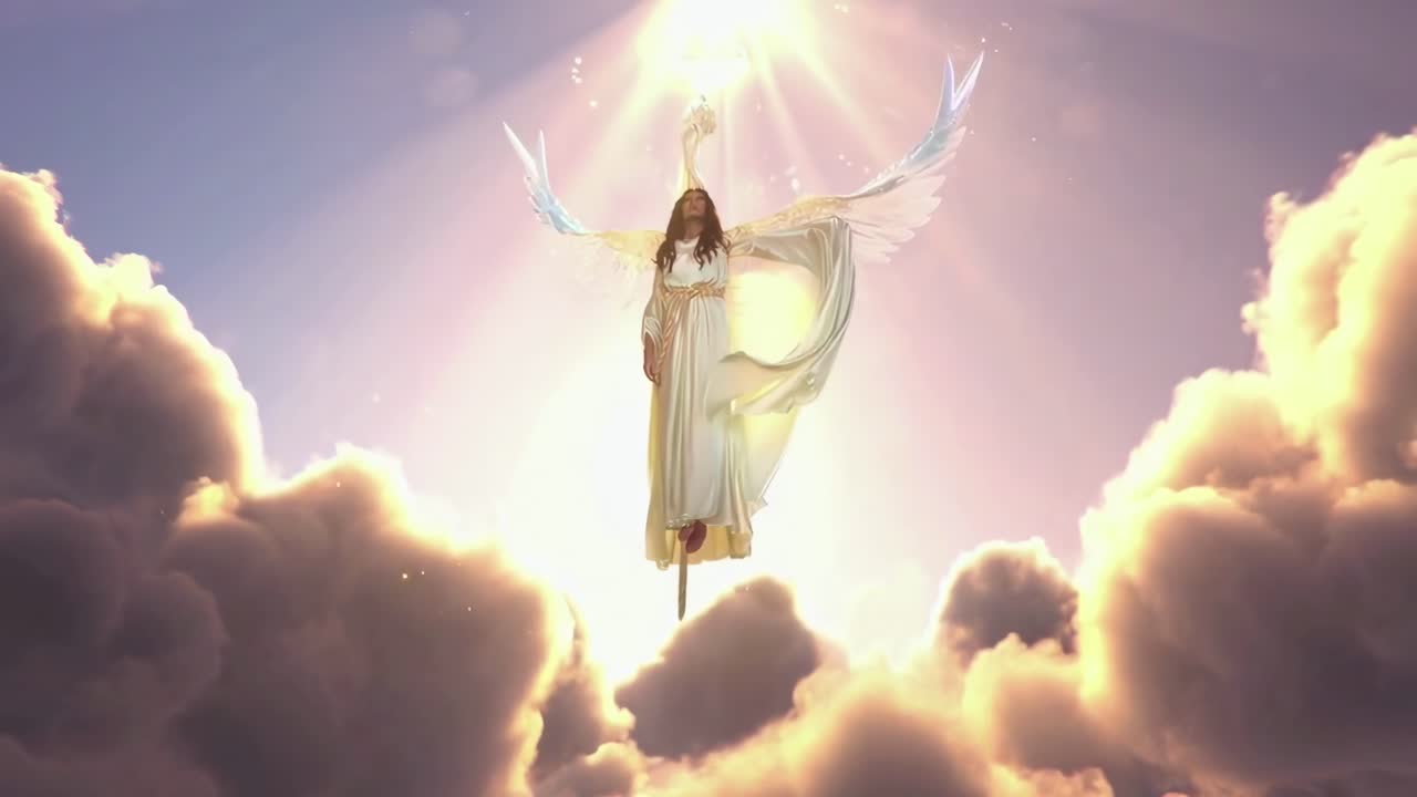 Un angelo celeste con ali in un cielo luminoso, ripreso dal basso, ideale per video