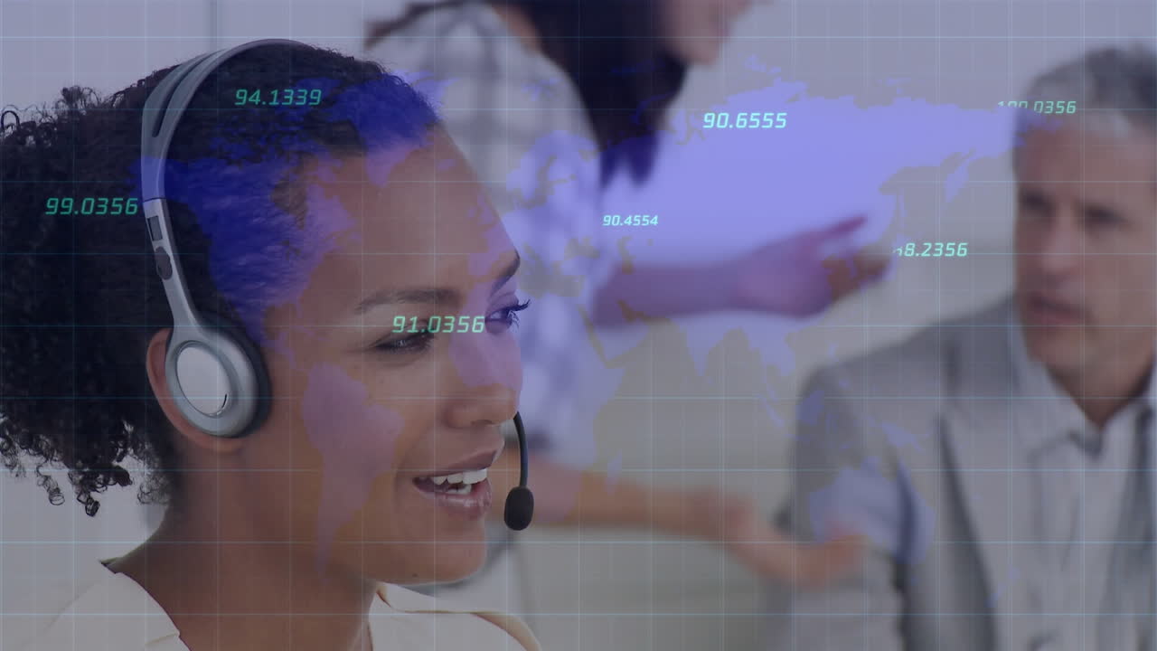 Animation of statistics and data processing over businesswoman wearing phone headset