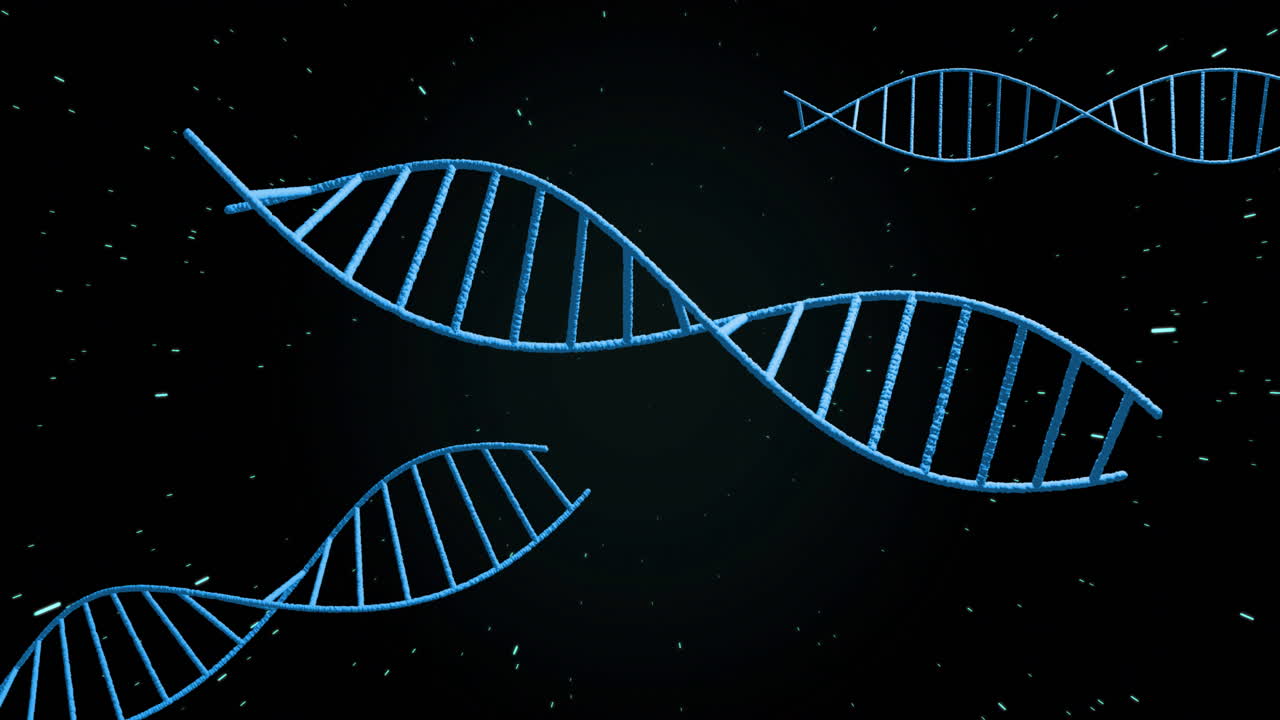 Floating blue DNA strands with glowing particles in animated dark space