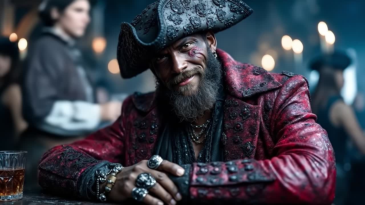 A man in a pirate costume sitting at a table with a glass of whiskey