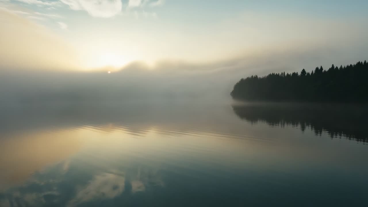 Rising sun driving lake surface at shore reflecting gold, thinning mist, revealing treeline right