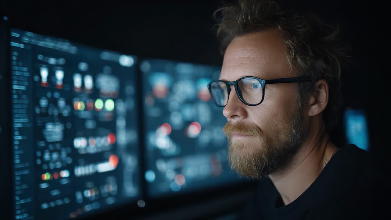 Focused Individual Analyzing Complex Data on Multiple Monitors in a Dimly Lit Environment, Showcase of Modern Technology and Deep Concentration