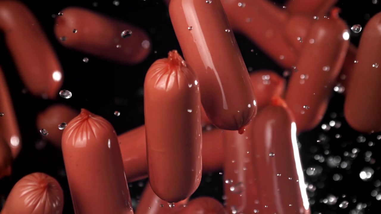 Saucisses crues et gouttelettes d'eau tombant en super ralenti