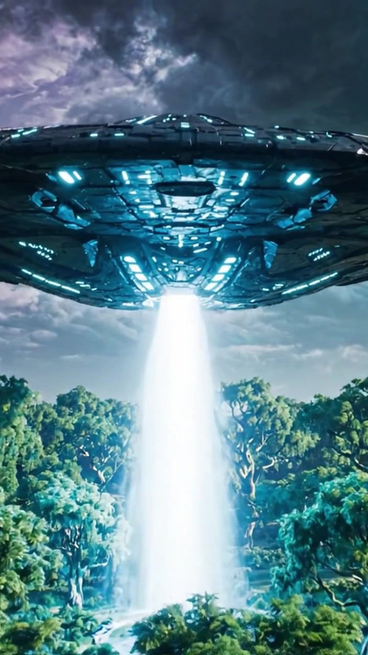 Mysterious UFO Descending Over a Lush Forest Landscape: An Awe-Inspiring Vision of Extraterrestrial Technology and Nature's Grandeur Intertwined