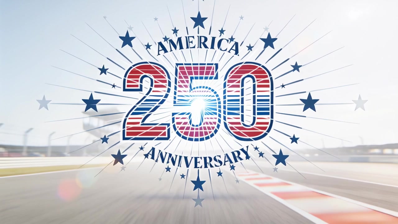 Animazione del 250° anniversario dell'America che si espande sulla pista di partenza, in onore, scintillante, con la telecamera in movimento.