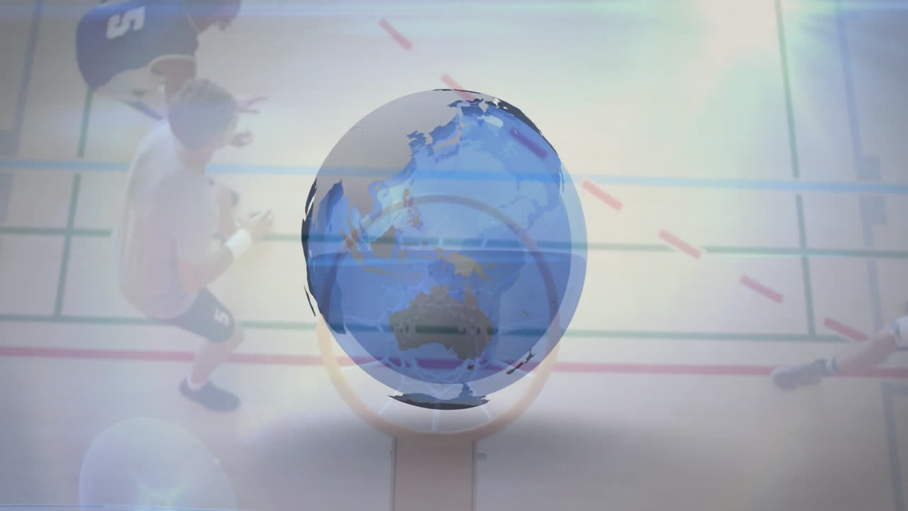 Blue globe animation over people playing basketball on indoor court