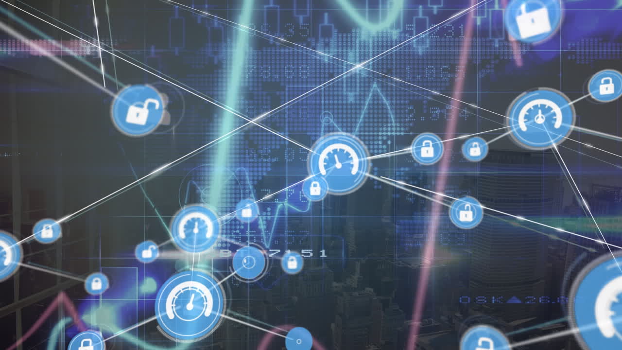 Animation of data processing and icons over cityscape