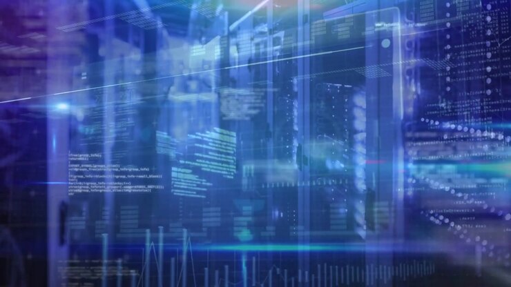 At start code overlay rising, camera gliding down server rack aisle while HUD building analytics