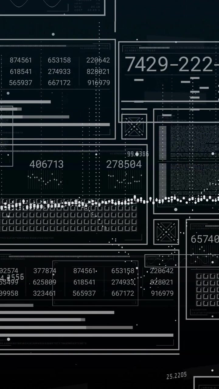 Animation of data processing over diagrams on black background