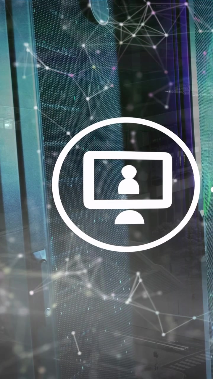 Video verticale: All'avvio, icona utente bianca del monitor che si centra su un pannello rack, mostrando collegamenti dati.
