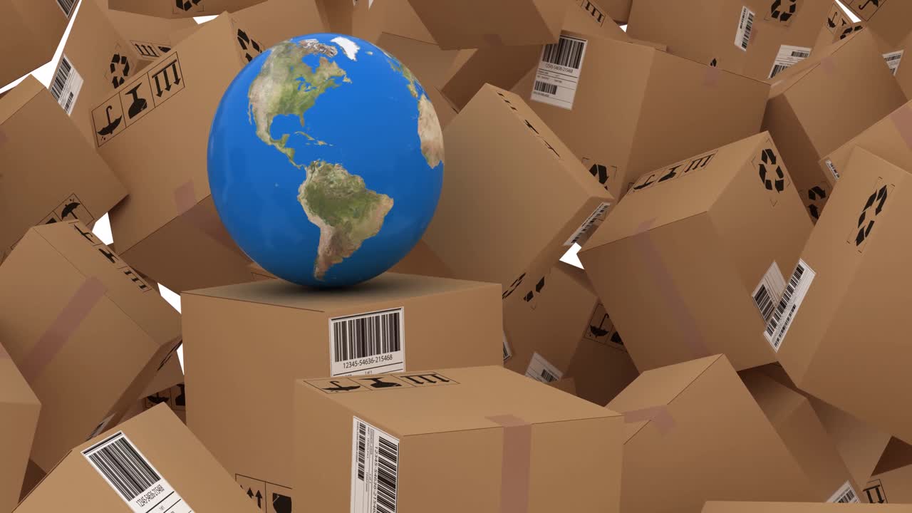 Animation of globe over multiple piled cardboard boxes on white background