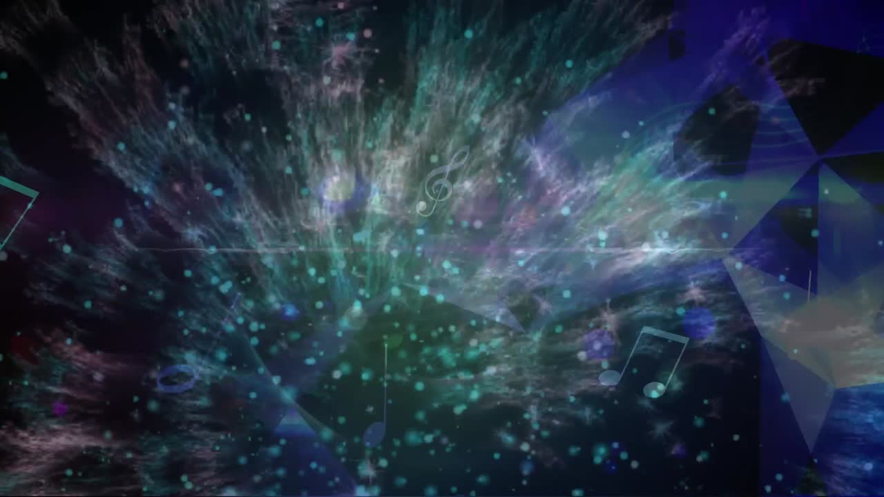 animación digital de ondas digitales azules y elementos musicales flotando contra un fondo azul