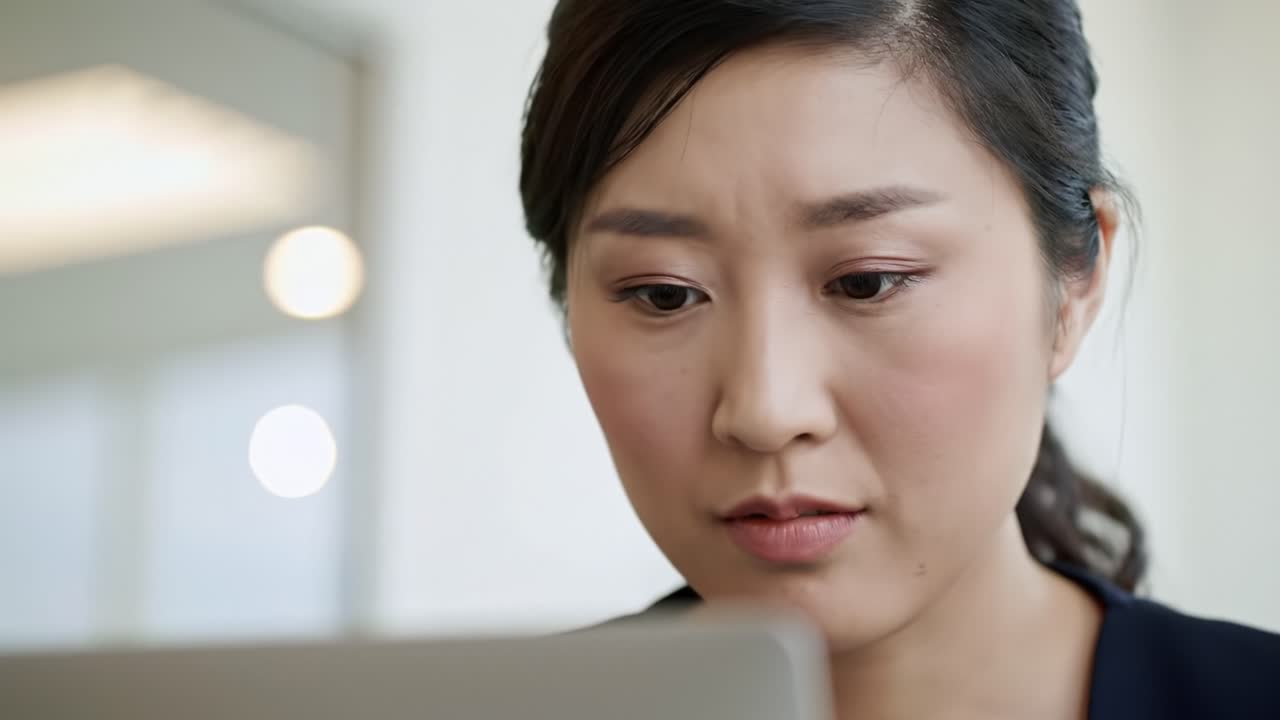 A woman sits at a desk in a well-lit office, intently reading documents on her laptop. She appears thoughtful and engaged, reflecting a dedicated work atmosphere.