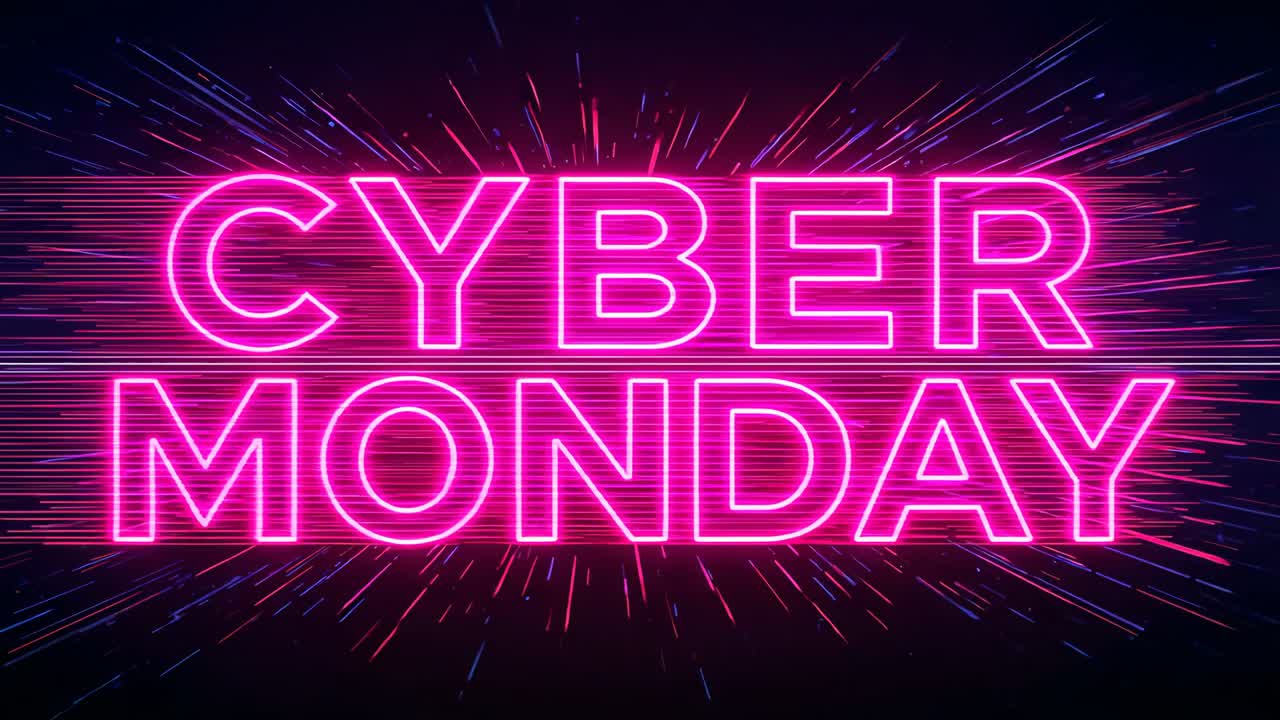 Animating neon headline CYBER MONDAY pulsing glow, moving streaks on dark void, promoting deals