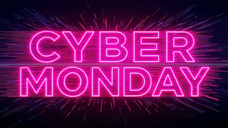 Animating neon headline CYBER MONDAY pulsing glow, moving streaks on dark void, promoting deals