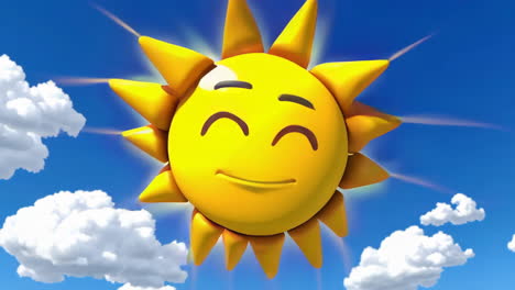 cheerful cartoon sun in a bright blue sky with clouds