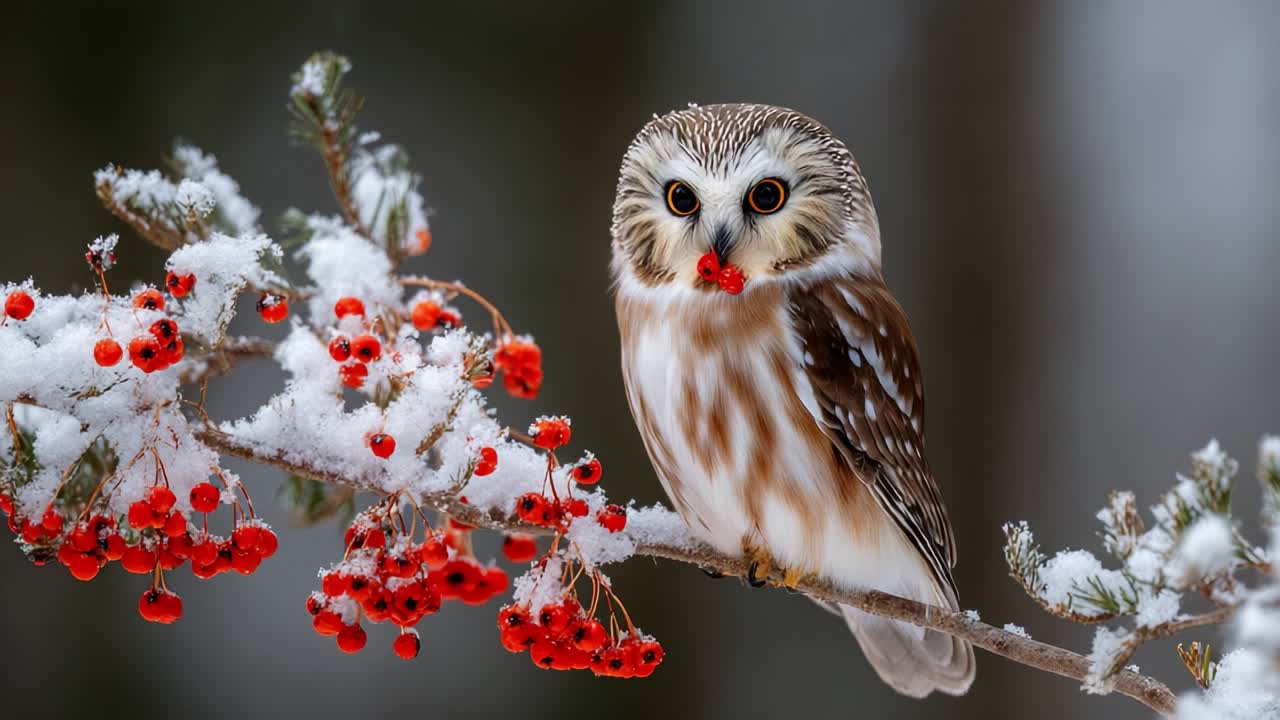 A Captivating Owl Enjoys Winter's Bounty: Snow-Laden Branches and Festive Red Berries Amidst a Serene Snowy Landscape, Showcasing Nature's Beauty and the Owl's Graceful Presence