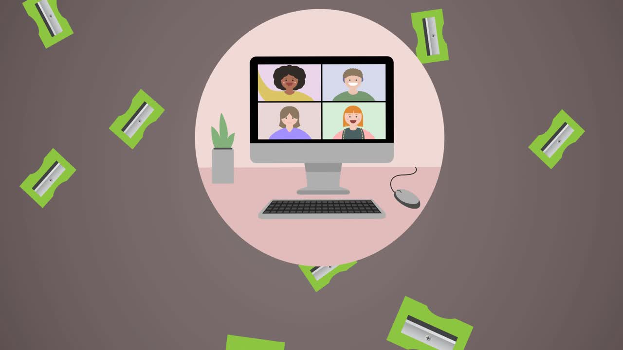 Animation of falling green pencil sharpeners and computer video call screen in pink circle, on brown